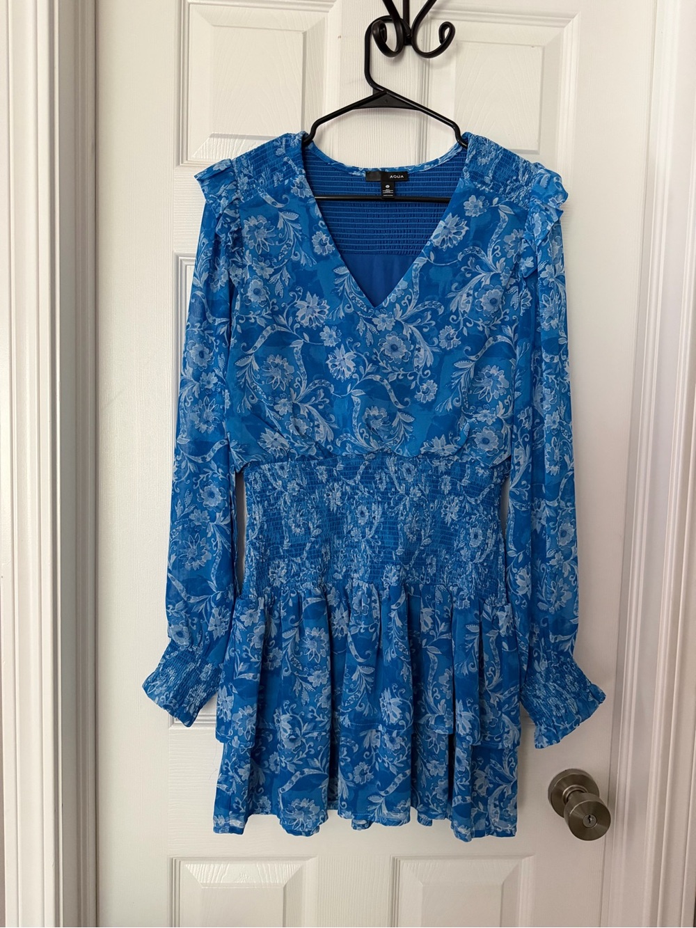Aqua Blue Floral V-Neck Smocked Waist Tunic